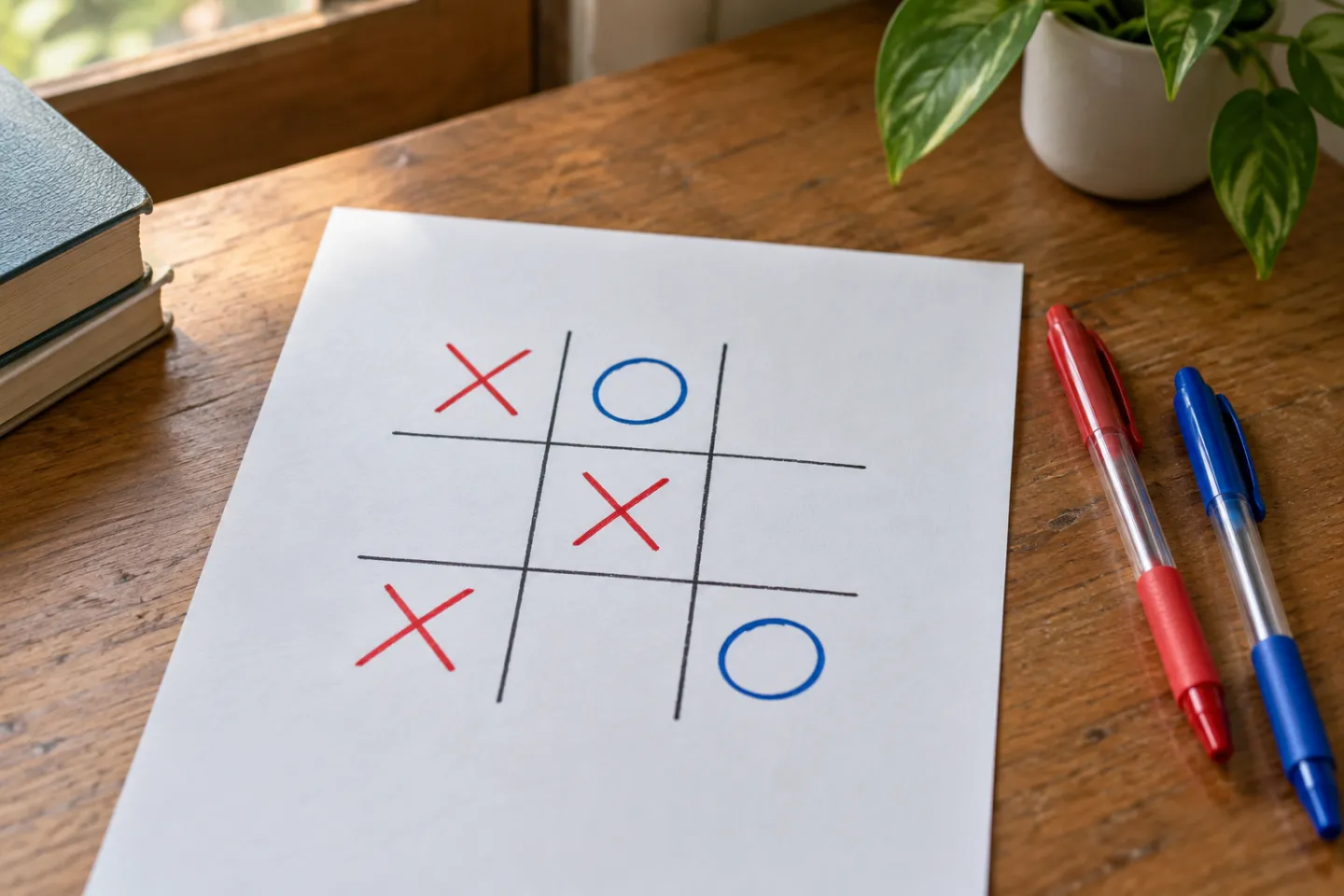 Bàn cờ caro 3x3 vẽ tay trên giấy với X đỏ ở góc trái trên, ô giữa, góc trái dưới và O xanh, bên cạnh bút đỏ, bút xanh