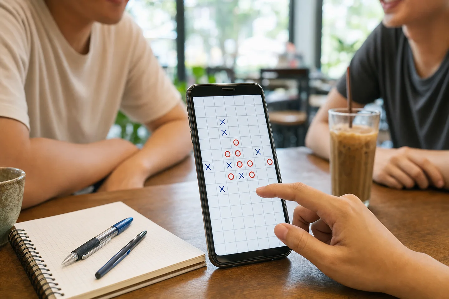 Điện thoại hiển thị bàn cờ caro online trên bàn cà phê cùng nhóm bạn
